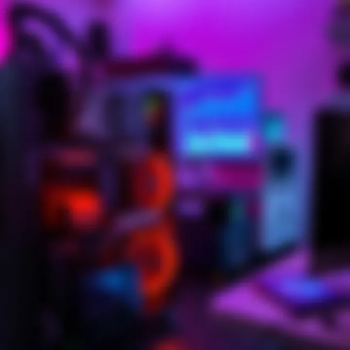 A high-tech ASIC mining rig with multiple hardware components displaying lights, set in a home office environment. A computer screen shows cryptocurrency graphs and data analysis.