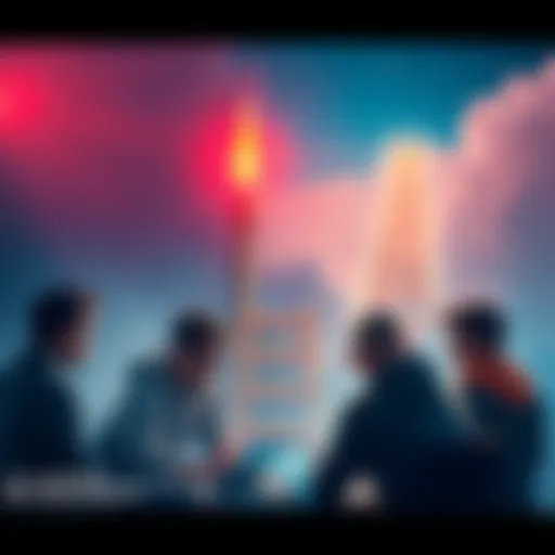 A group of competitors planning their strategies for the Atlas Challenge ladder, with a ladder in the background symbolizing progress and competition.