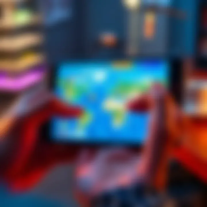 A person using a smartphone to interact with the Atlas Earth app, showcasing a digital map with properties and cash icons