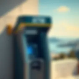 A foreigner withdrawing cash from an ATM in Greece, with a scenic background of the local landscape.