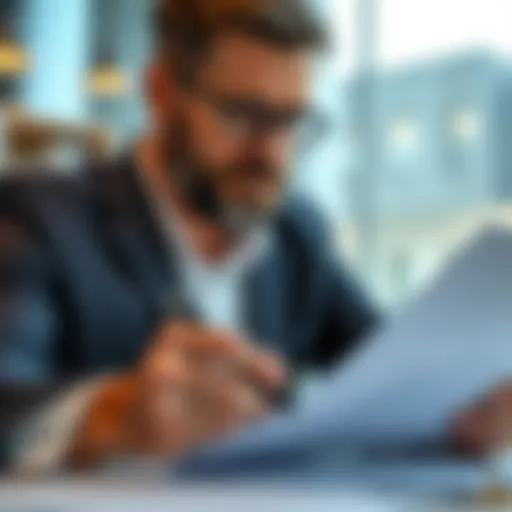 A lawyer examining a semi-custom home building contract with a pen in hand