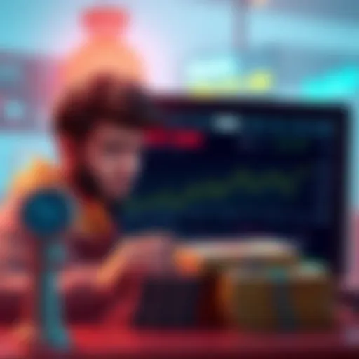 A new player with a concerned expression looks at auction items on a screen, while a graph shows a slowdown in bids. Nearby, stacks of currency represent AB and parcels, symbolizing investment choices...