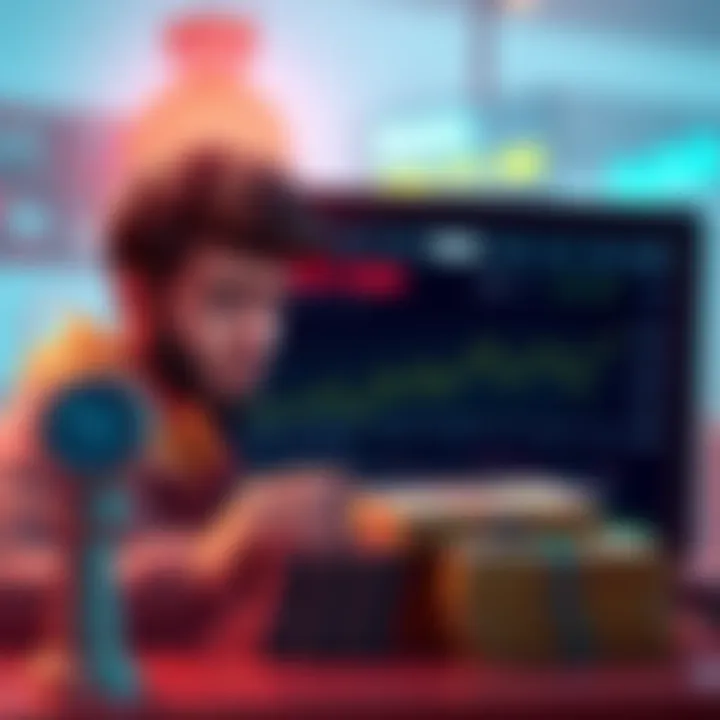 A new player with a concerned expression looks at auction items on a screen, while a graph shows a slowdown in bids. Nearby, stacks of currency represent AB and parcels, symbolizing investment choices...