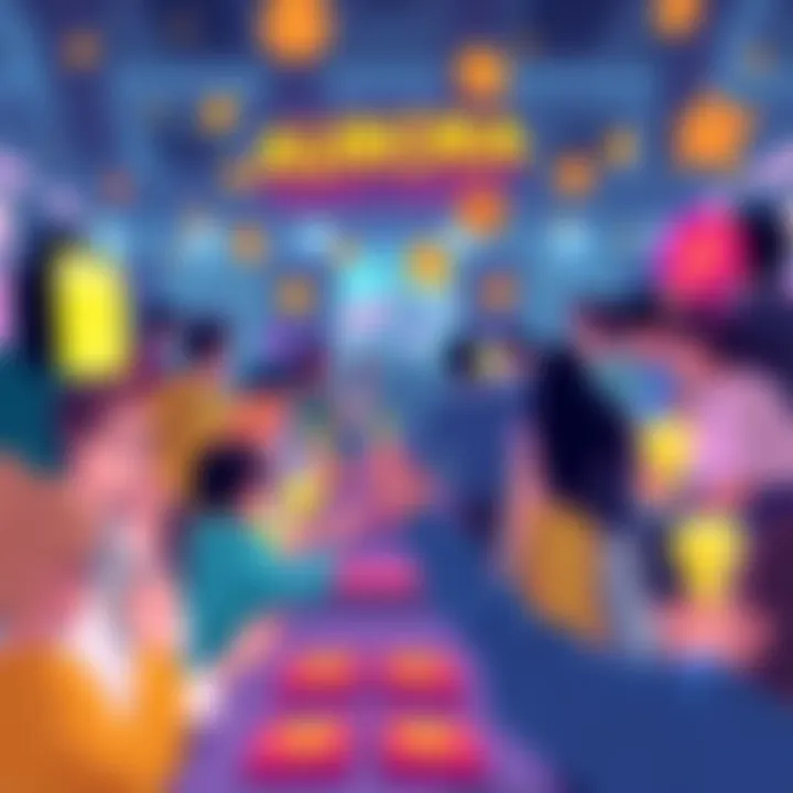 A vibrant illustration showing people engaging in fun game challenges with colorful tokens and prizes.