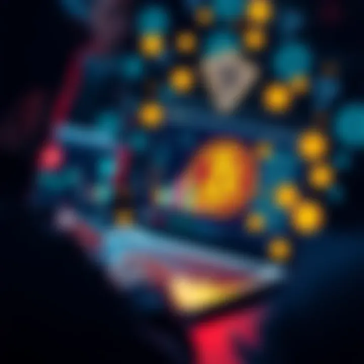 Automated Crypto Payments A person setting up automated cryptocurrency payments on a laptop, with digital currency icons surrounding the screen.