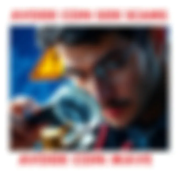 Avoid Coin Market Scams A person examining different coins under a magnifying glass, looking for signs of authenticity. A warning symbol is visible in the background to signify caution against scams.