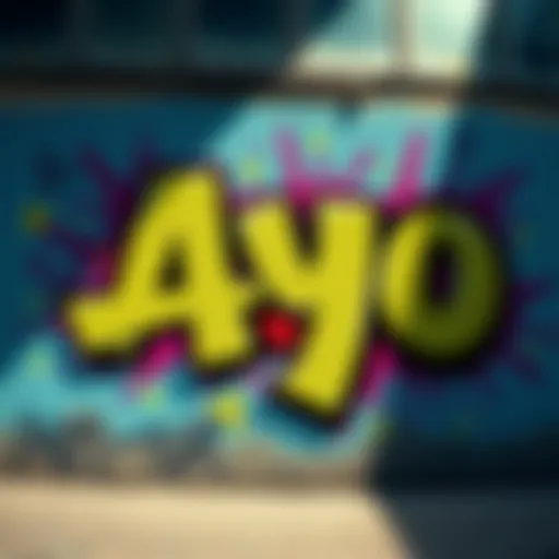 The word 'Ayo' in colorful graffiti style on a wall, symbolizing modern culture.