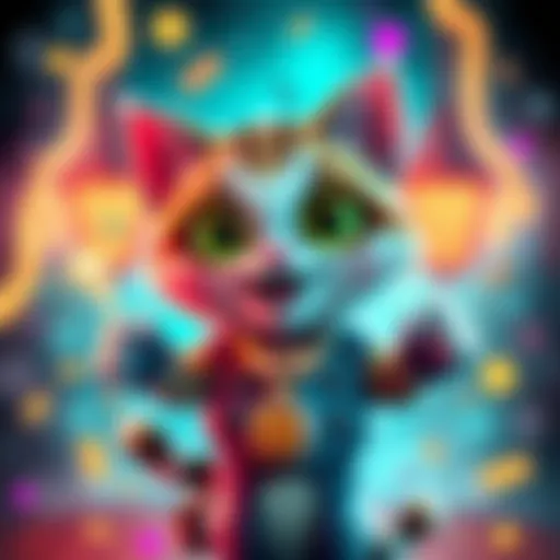A playful cat character representing Baby Cash Cat, styled in a colorful meme design, with elements indicating cryptocurrency and excitement.