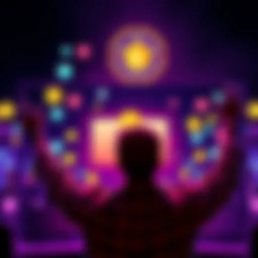 A person celebrating with badges and points displayed on a screen, symbolizing success in reaching badge goals through surveys.