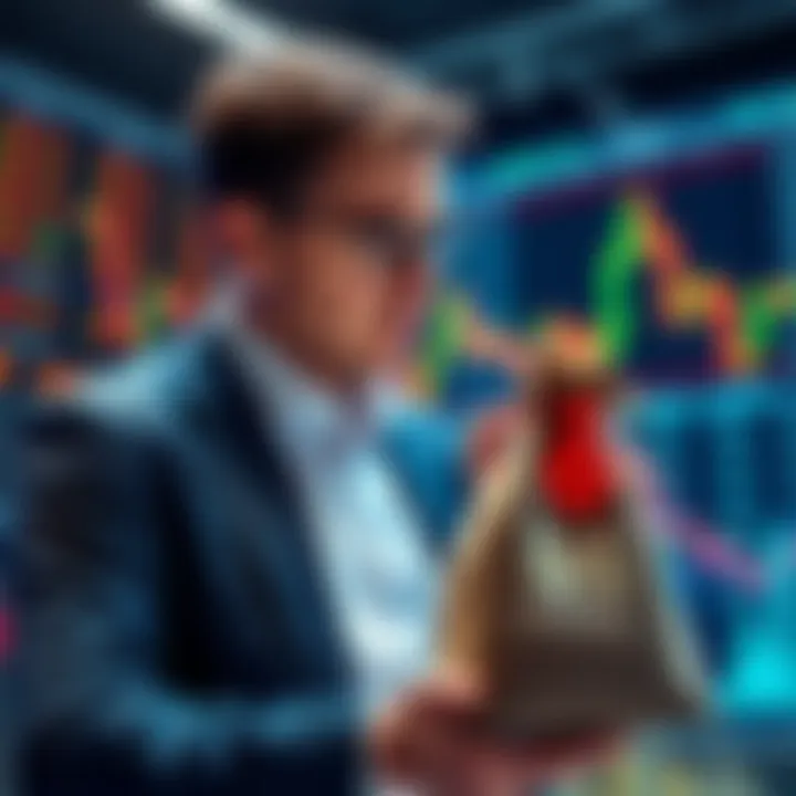 A financier looks at stock charts with a worried expression, holding a bag labeled investments, illustrating the concept of being a bag holder.