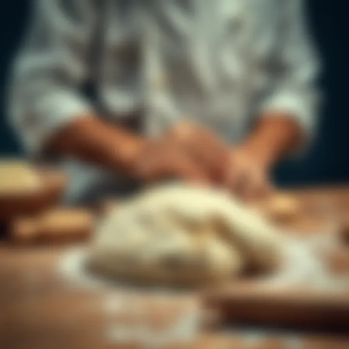 A beginner baker kneads dough on a wooden surface, focusing on improving their bread-making skills.