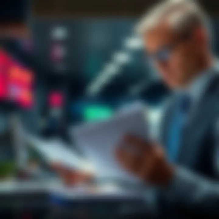 A bank employee examines financial statements and inquiries about spending patterns, highlighting the importance of compliance and fraud prevention.