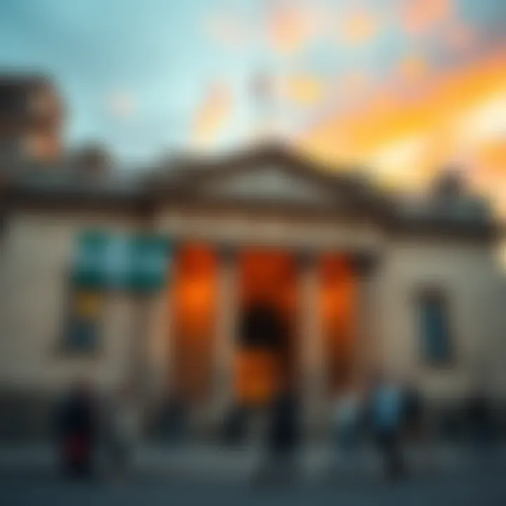 The Bank of England building with people discussing blockchain technology outside
