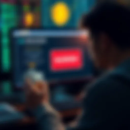 A frustrated person looking at a computer screen displaying a blocked transfer message to Kraken while holding cash and a Bitcoin symbol.