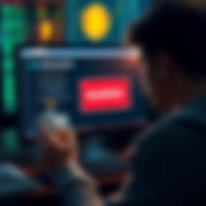 A frustrated person looking at a computer screen displaying a blocked transfer message to Kraken while holding cash and a Bitcoin symbol.