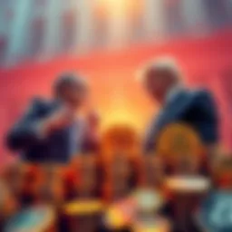 Bank executives discussing Trump’s Digital Asset Market Clarity Act amidst stacks of digital coins