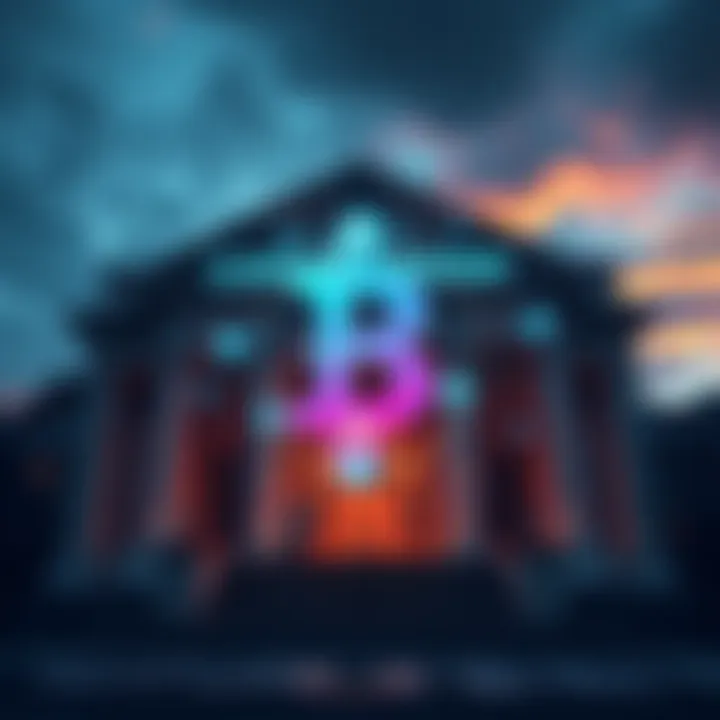 A traditional bank building with a digital currency symbol overlay, showing the connection between conventional banking and cryptocurrency.
