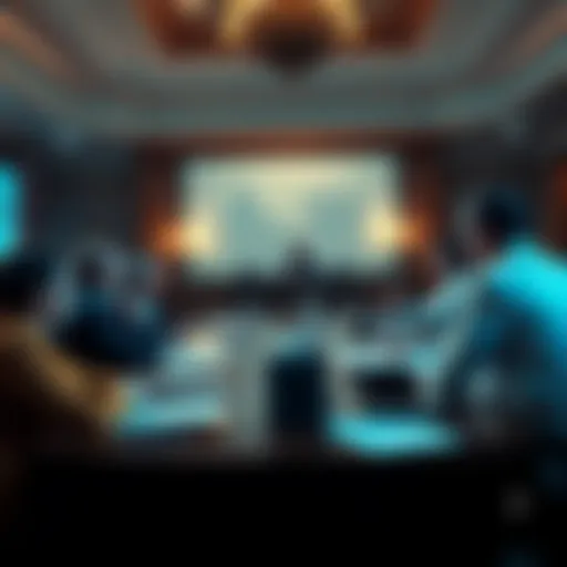 A meeting between bank representatives and Congress members discussing cryptocurrency regulations, with documents and charts on the table.