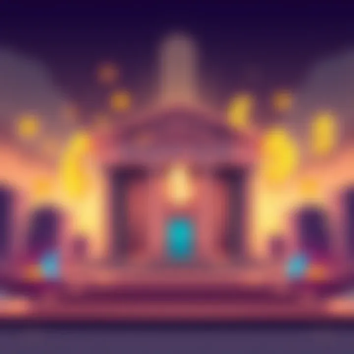 Illustration of a bank building merging with digital currency symbols, showing a blend of traditional finance and modern cryptocurrency.