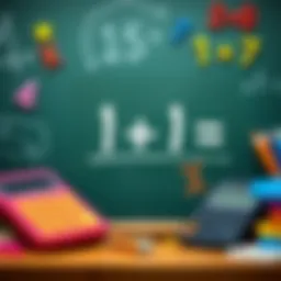 A chalkboard with the equation 1 + 1 = 2 written clearly, surrounded by colorful math symbols and a calculator.