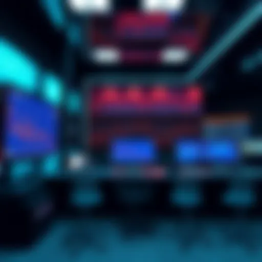An empty newsroom with a computer showing declining stock graphs, symbolizing low media activity during a bear market.