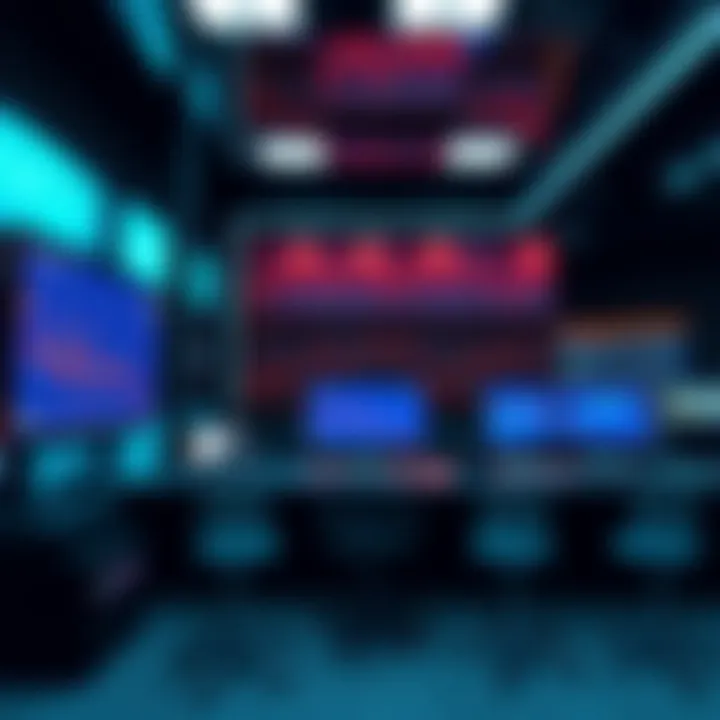 An empty newsroom with a computer showing declining stock graphs, symbolizing low media activity during a bear market.