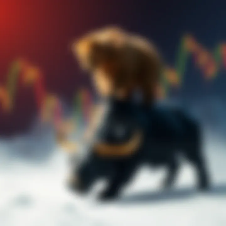 A bear standing on top of a bull, symbolizing a market shift from bull to bear market, with stock charts in the background