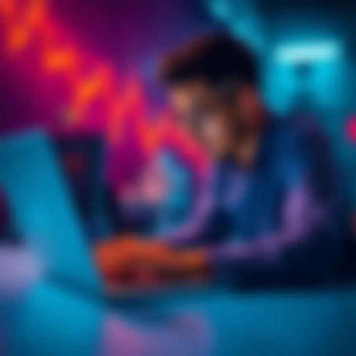 A beginner looking at cryptocurrency charts on a laptop, showing graphs and market trends