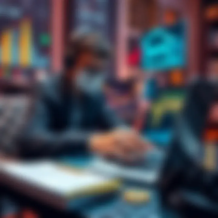 A person researching decentralized finance on a laptop with charts and blockchain images visible