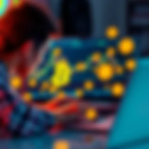 A person looking at Bitcoin charts on a laptop, surrounded by cryptocurrency symbols, representing a beginner starting their journey in Bitcoin trading.