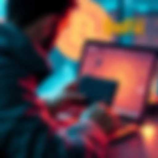 A person setting up a MetaMask wallet on a laptop, with Bitcoin and Ethereum symbols in the background.