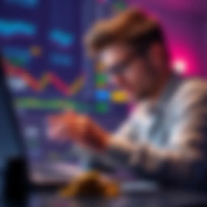 A beginner investor examining cryptocurrency options with a laptop and charts on the screen.