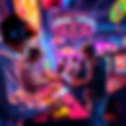 Players exchanging bid tokens for in-game currency in a vibrant gaming environment