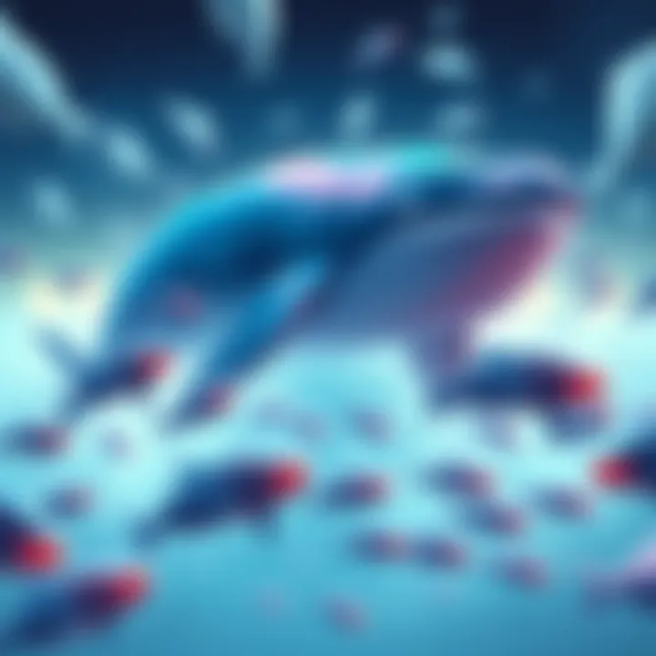 A graphic showing large whale figures overshadowing smaller fish, symbolizing the disadvantage smaller accounts face in the bidding market.