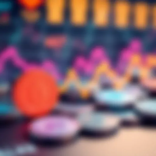 A close-up on digital bidding tokens with a fluctuating chart showing value changes, symbolizing their market dynamics.