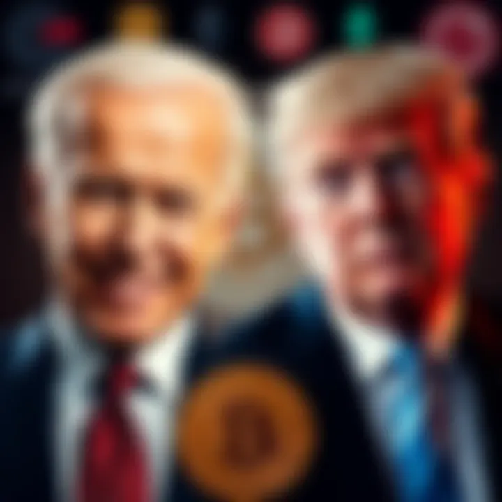 Side-by-side portraits of Presidents Biden and Trump with symbols of Bitcoin, Ethereum, and Solana in the background