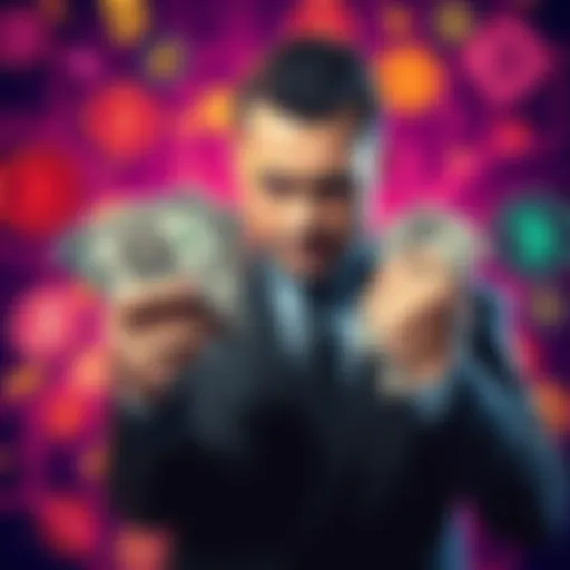 A billionaire holding cash making a challenge to reveal crypto portfolios, with a background of digital currency symbols.