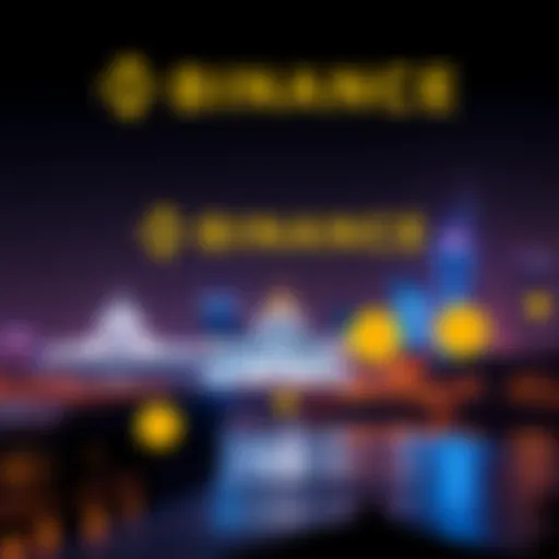 Binance logo alongside the Buenos Aires skyline with Dogecoin symbols promoting crypto adoption