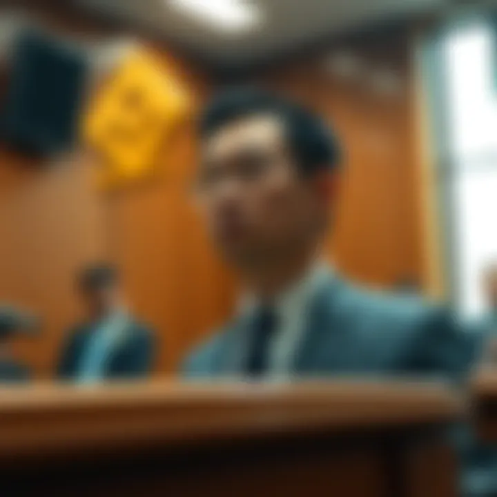 Changpeng Zhao standing in a courtroom facing legal action over a $1 billion lawsuit against Binance