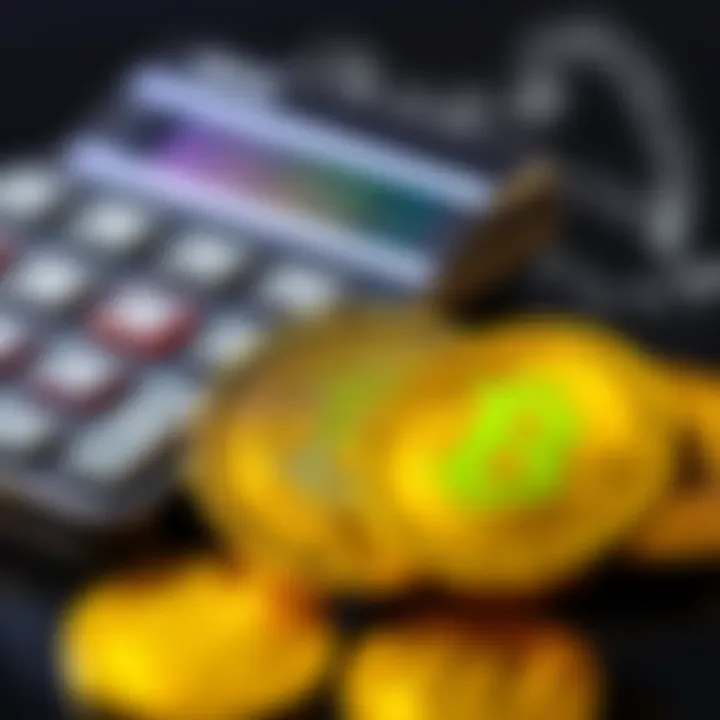 A close-up of Bitcoin coins next to a calculator, symbolizing its dual role as a payment method and a store of value.