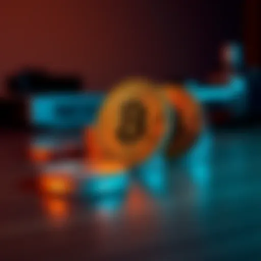 Close-up of Bitcoin coins stacked on a wooden table, symbolizing ownership and investment in cryptocurrency