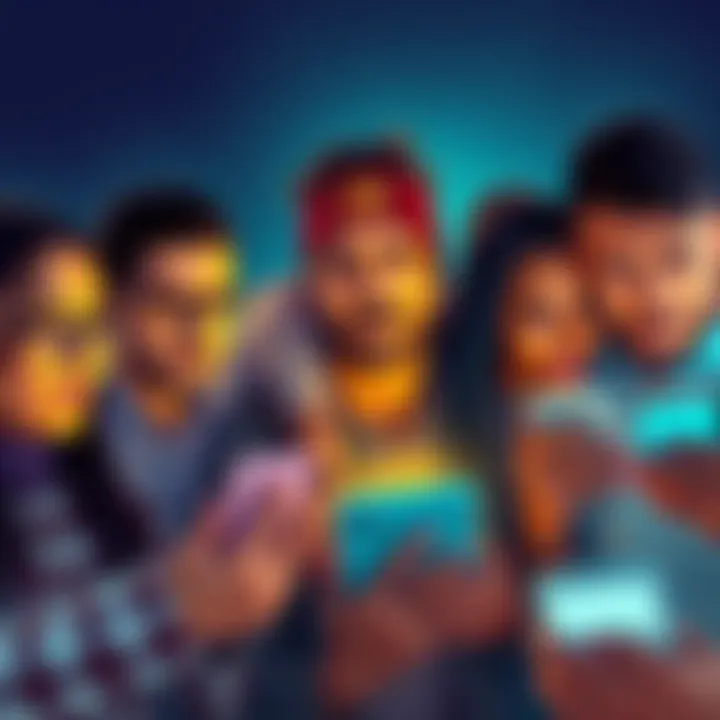 Bitcoin Community Reaction to Market Dip A group of diverse people discussing Bitcoin on their devices, showing mixed emotions about a market dip, some excited while others look hesitant.