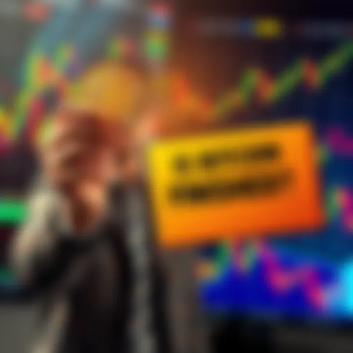 A person holding a Bitcoin in one hand and a sign that says 'Is Bitcoin Finished?' in the other, surrounded by charts showing market trends.