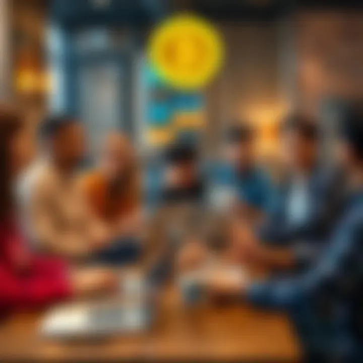 A group of diverse people discussing Bitcoin in a casual setting with laptops and coffee cups