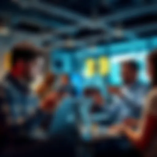 People engaging in conversation about Bitcoin with laptops and smartphones in a casual setting