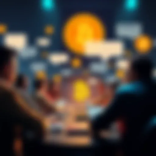 People discussing Bitcoin topics in an online forum with chat bubbles and crypto symbols