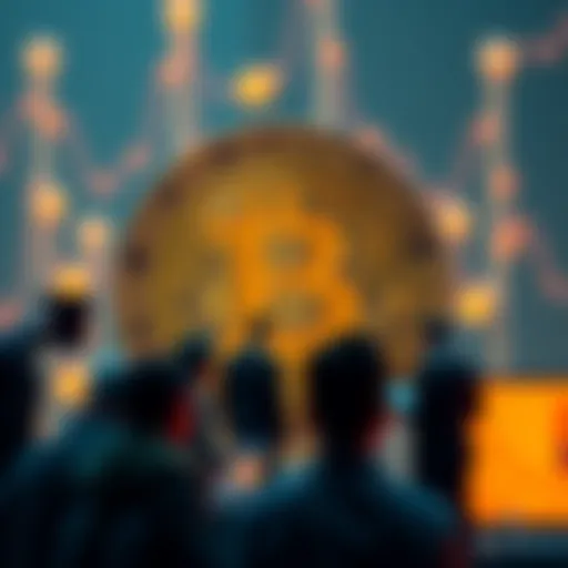 Group of people discussing Bitcoin with the currency symbol in the background