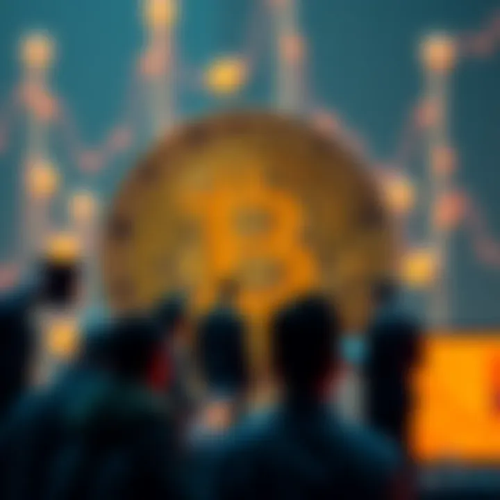 Group of people discussing Bitcoin with the currency symbol in the background