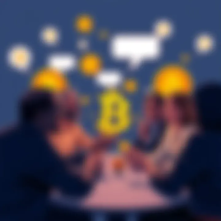 People engaging in a lively conversation about Bitcoin with chat bubbles and crypto symbols around them