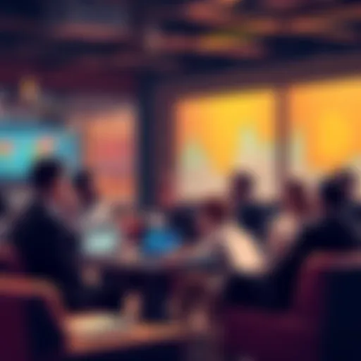 Group of people discussing Bitcoin in a casual setting with charts and laptops